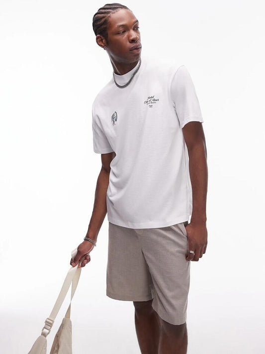 Image of a model wearing Tops. Productname: Topman Hotel Cote D'Azur Oversized T-Shirt in White colour by brand - Topman