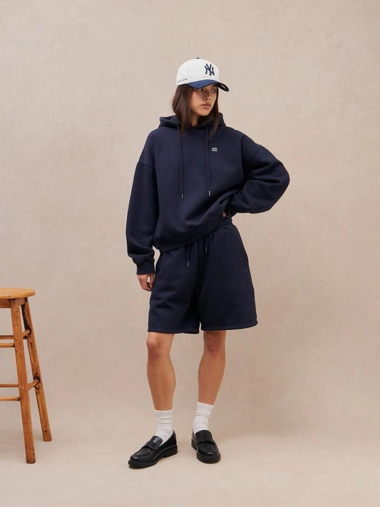 Image of a model wearing Shorts. Productname: MSE Lounge Short in Navy colour by brand - MSE