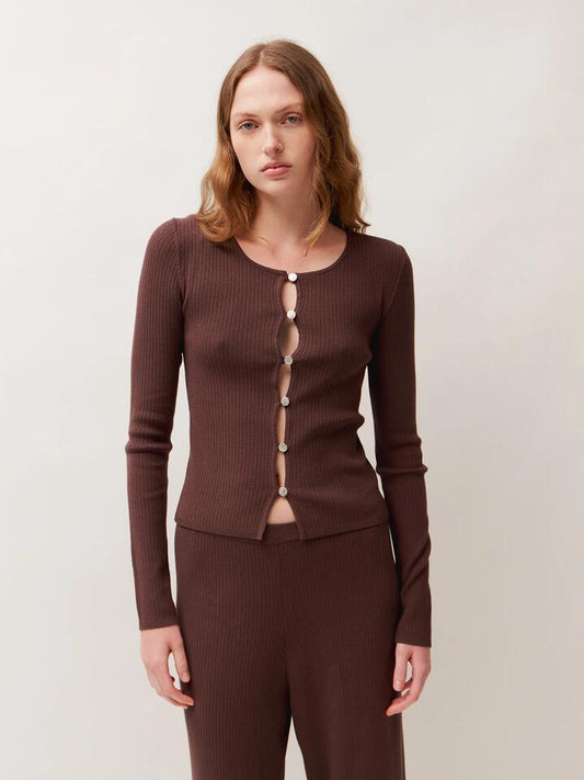 Image of a model wearing Outerwear. Productname: Lulu & Rose Annika Cardigan in Chestnut colour by brand - Lulu & Rose