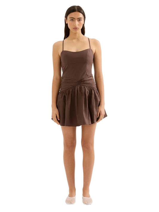 Image of a model wearing Dress. Productname: Nude Lucy Skarla Mini Dress in Chocolate colour by brand - Nude Lucy