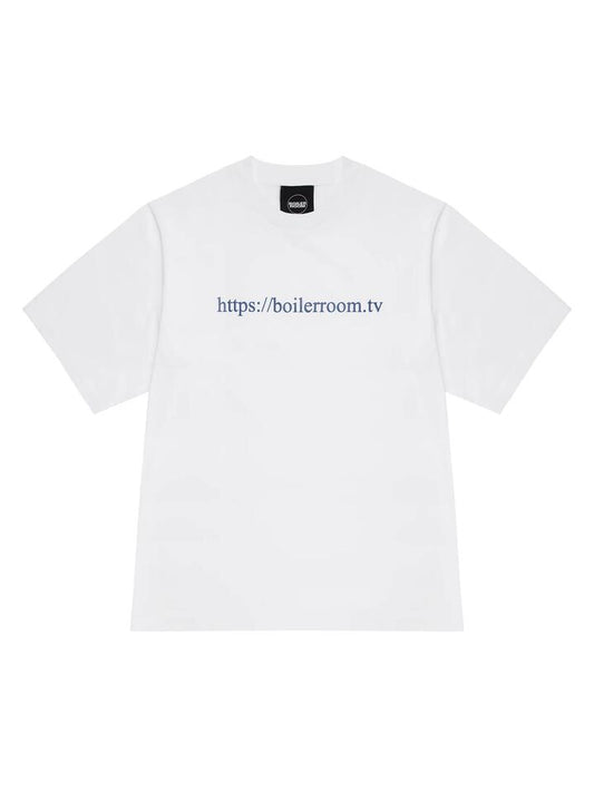 Image of a model wearing Tops. Productname: Boiler Room TV Logo Tee in WHITE colour by brand - Boiler Room