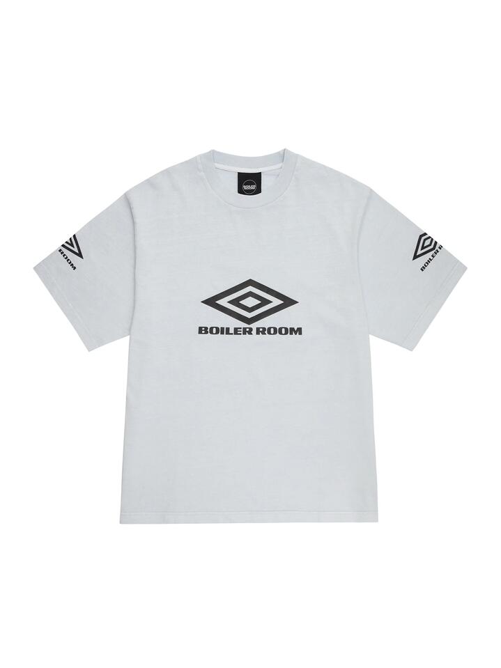 Image of a model wearing Tops. Productname: Boiler Room Umbro Washed T-shirt in WHITE colour by brand - Boiler Room