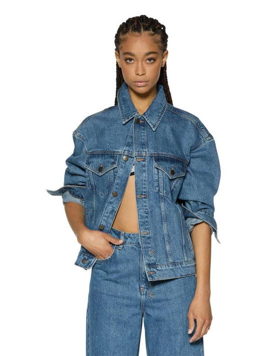 Image of a model wearing Outerwear. Productname: Ksubi Oversized Jacket Heritage in Denim colour by brand - Ksubi