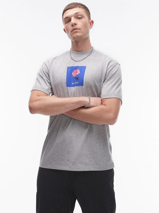 Image of a model wearing Tops. Productname: Topman Japanese Floral Print Oversized T-Shirt in Grey Marle colour by brand - Topman
