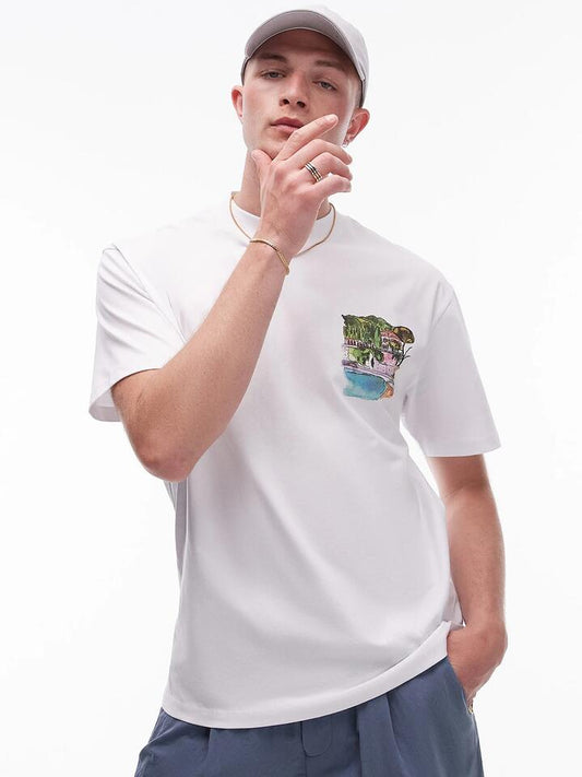 Image of a model wearing Tops. Productname: Topman Watercolour Riviera Oversized T-Shirt in White colour by brand - Topman