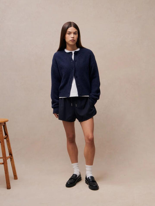 Image of a model wearing Shorts. Productname: MSE Drawstring Gathered Short in Navy Pinstripe colour by brand - MSE
