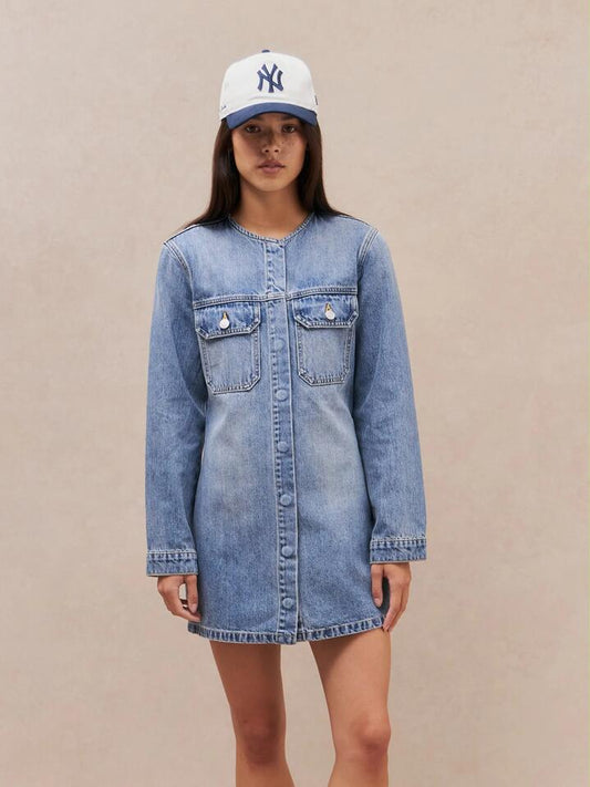 Image of a model wearing Denim. Productname: MSE Denim Mini Dress in Vintage Stone colour by brand - MSE