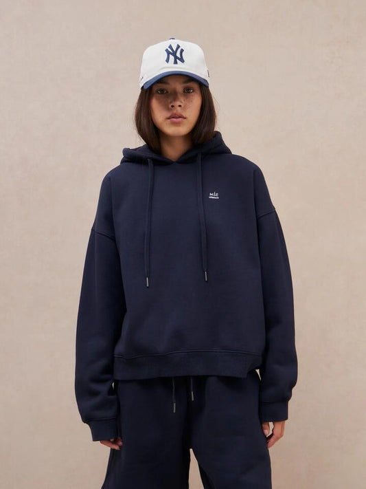 Image of a model wearing Outerwear. Productname: MSE Hoodie in Navy colour by brand - MSE