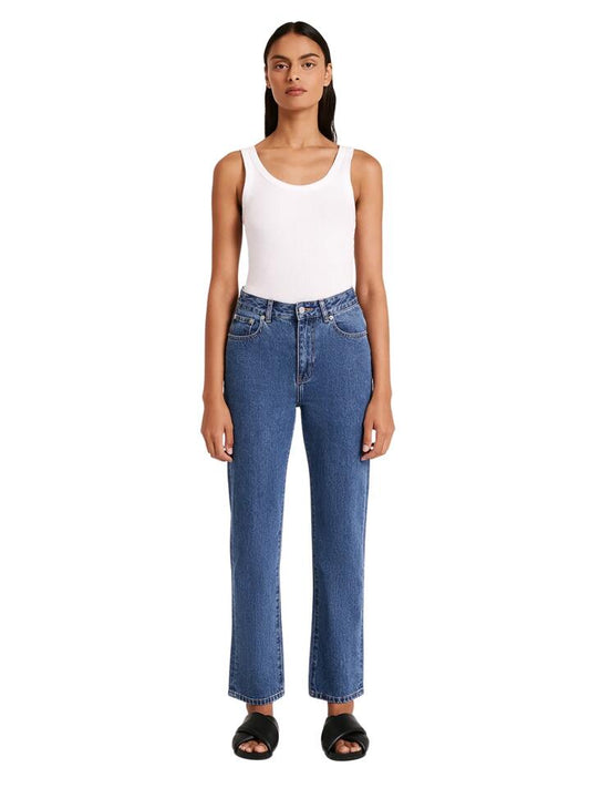 Image of a model wearing Denim. Productname: Nude Lucy Organic Straight Leg Jean in Vintage Blue colour by brand - Nude Lucy