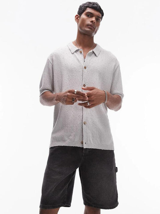 Image of a model wearing Tops. Productname: Topman Relaxed Knitted Button-Through Shirt in Grey colour by brand - Topman