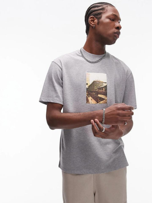 Image of a model wearing Tops. Productname: Topman London Oversized T-Shirt in Grey Marle colour by brand - Topman