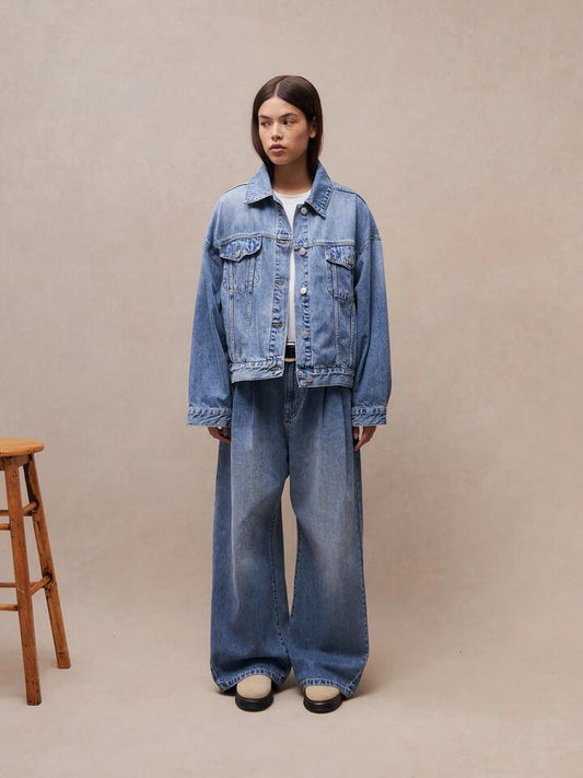 Image of a model wearing Denim. Productname: MSE Wide Leg Jean in Vintage Stone colour by brand - MSE