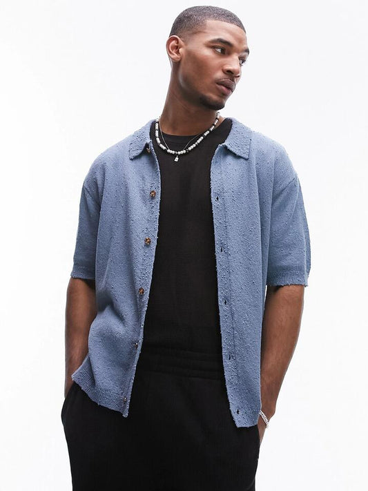 Image of a model wearing Tops. Productname: Topman Relaxed Knitted Button-Through Shirt in Blue colour by brand - Topman