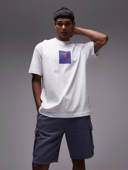 Image of a model wearing Tops. Productname: Topman Japanese Poppy Print Oversized T-Shirt in White colour by brand - Topman