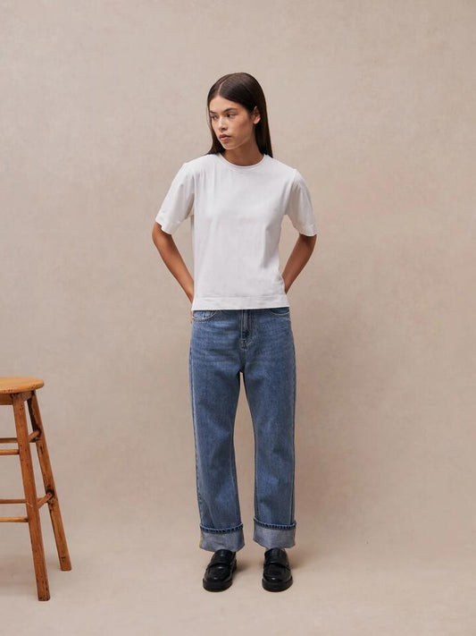 Image of a model wearing Denim. Productname: MSE Straight Leg Jean in Vintage Stone colour by brand - MSE
