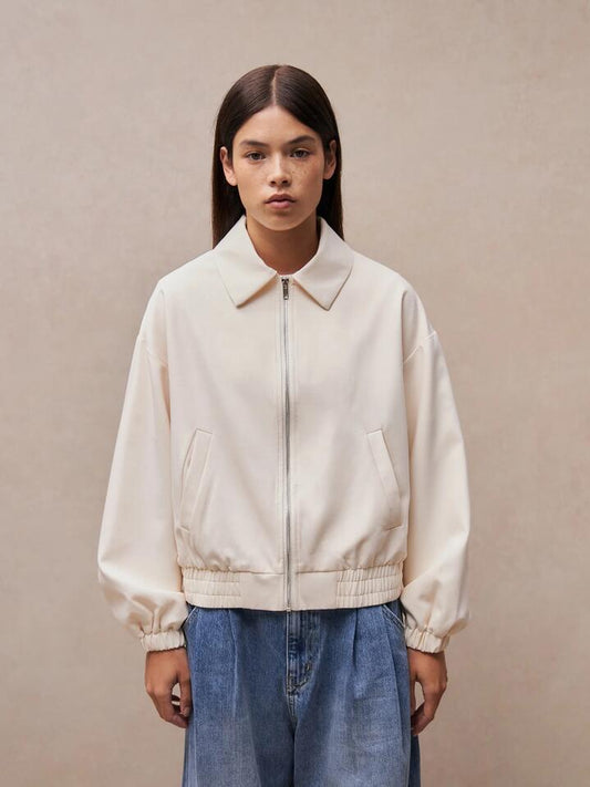 Image of a model wearing Outerwear. Productname: MSE Soft Bomber Jacket in Crema colour by brand - MSE