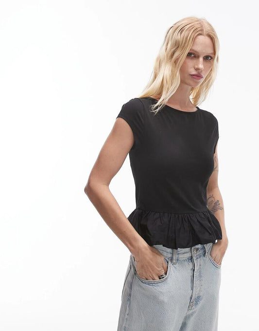 Image of a model wearing Tops. Productname: Topshop Slash Neck Peplum Bubble Top in Black colour by brand - Topshop
