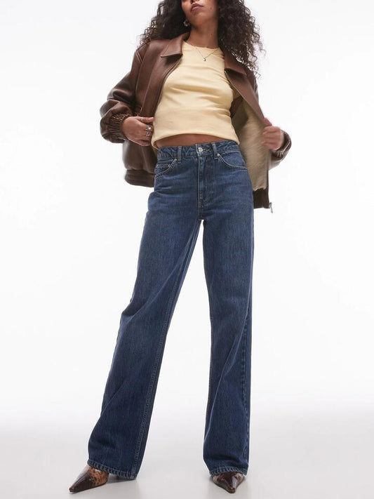 Image of a model wearing Denim. Productname: Topshop Topshop Wide Leg Jeans in MID BLUE colour by brand - Topshop