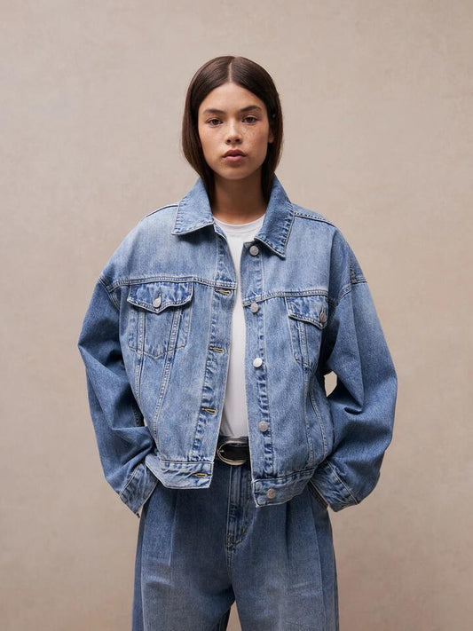 Image of a model wearing Denim. Productname: MSE Oversized Denim Jacket in Vintage Stone colour by brand - MSE