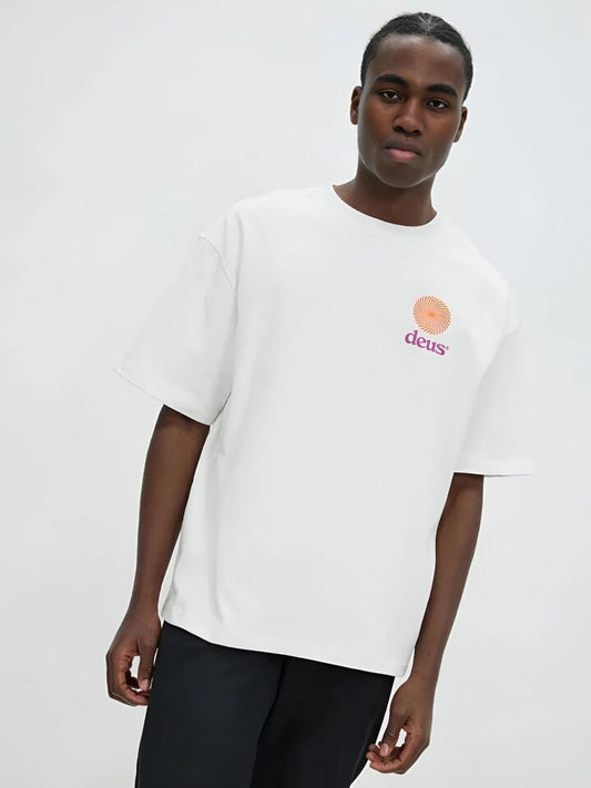 Image of a model wearing Tops. Productname: Deus Strata Tee in Vintage White colour by brand - Deus