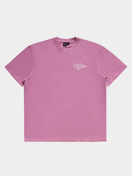Image of a model wearing Tops. Productname: Deus GD Roadhouse Tee in Lila Plum colour by brand - Deus