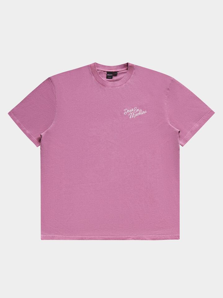 Image of a model wearing Tops. Productname: Deus GD Roadhouse Tee in Lila Plum colour by brand - Deus