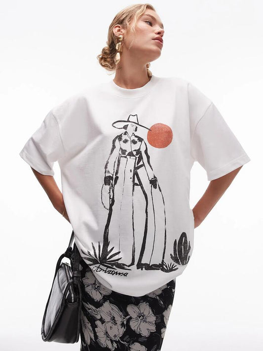 Image of a model wearing Tops. Productname: Topshop Premium Graphic Ranch Girl Tee in White colour by brand - Topshop