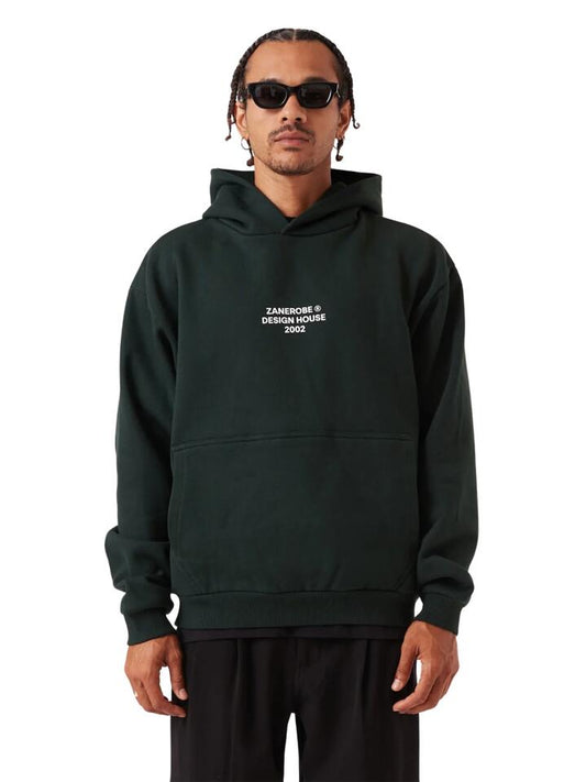 Image of a model wearing Outerwear. Productname: Zanerobe ZR Design House Box Hood in Forest colour by brand - Zanerobe