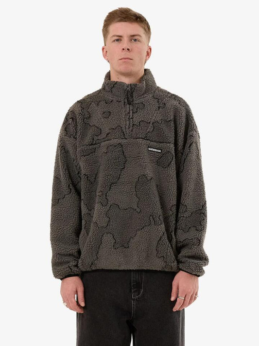 Image of a model wearing Outerwear. Productname: Worship Delirium Quarter Zip Sherpa Fleece in Steel Grey colour by brand - Worship