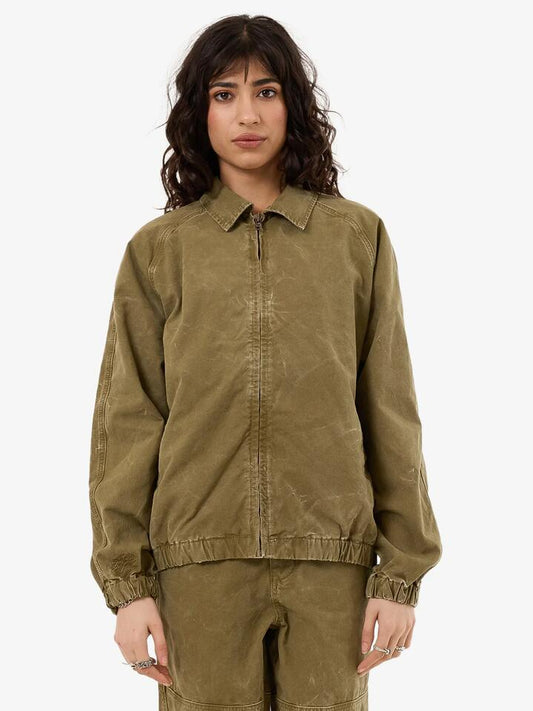 Image of a model wearing Outerwear. Productname: Worship Drizzlet Jacket in Khaki Oil Wash colour by brand - Worship