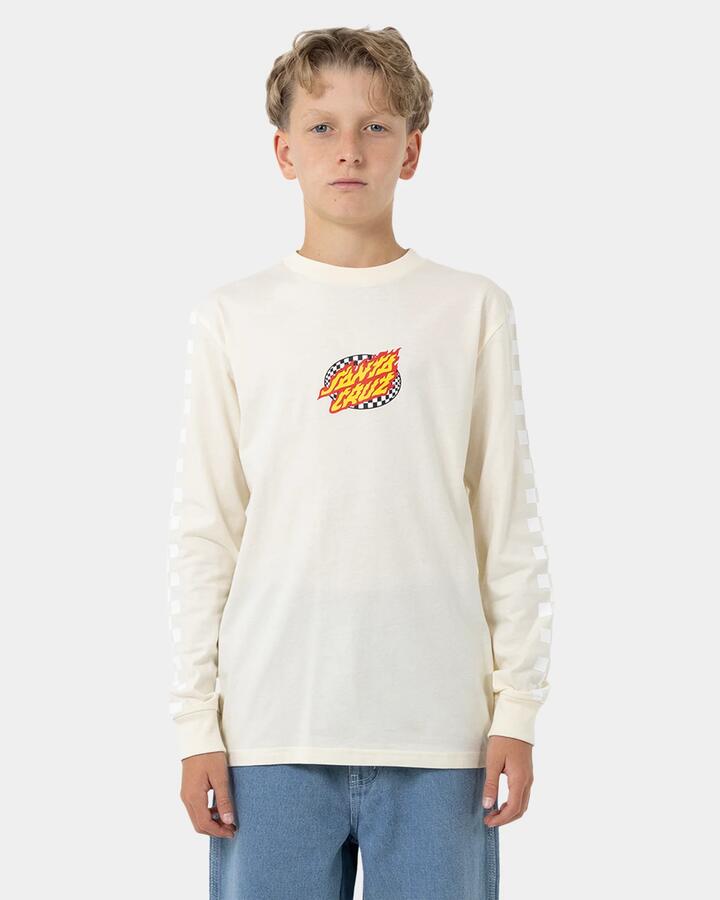 Image of a model wearing Tops. Product name - Santa Cruz Boys 8-16 Goal Flame Center Check Long Sleeve T-Shirt Cream in Cream colour by brand - Santa Cruz