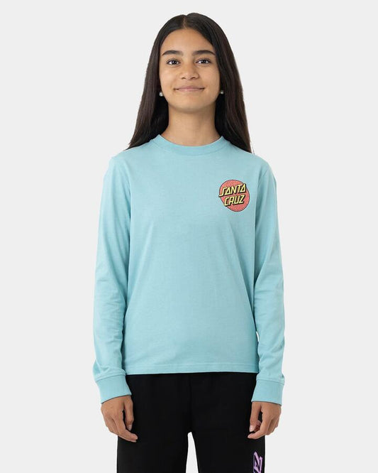 Image of a model wearing Tops. Product name - Santa Cruz Girls 8-16 Springkle Dot Long Sleeve T-Shirt Turquoise in Turquoise colour by brand - Santa Cruz