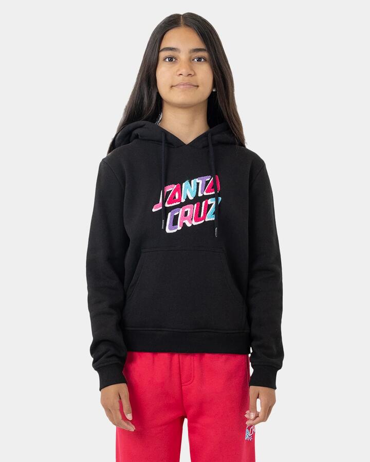 Image of a model wearing Outerwear. Product name - Santa Cruz Girls 8-16 Spirit Stack Strip Front Pullover Hoodie Black in Black colour by brand - Santa Cruz