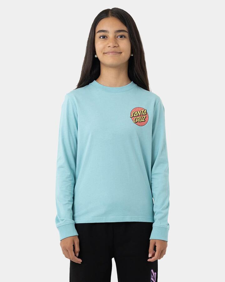 Image of a model wearing Tops. Product name - Santa Cruz Girls 8-16 Springkle Dot Long Sleeve T-Shirt Turquoise in Turquoise colour by brand - Santa Cruz