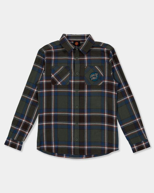 Image of a model wearing Tops. Product name - Santa Cruz Boys 8-16 Shred Long Sleeve Shirt Moss in Moss colour by brand - Santa Cruz