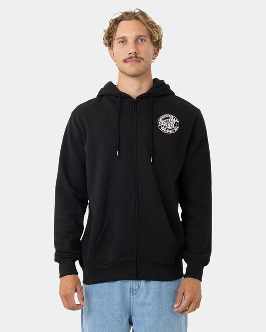 Image of a model wearing Outerwear. Productname: Santa Cruz Mens Os Mfg Dot Zip Up Hoodie Black - in Black colour by brand - Santa Cruz