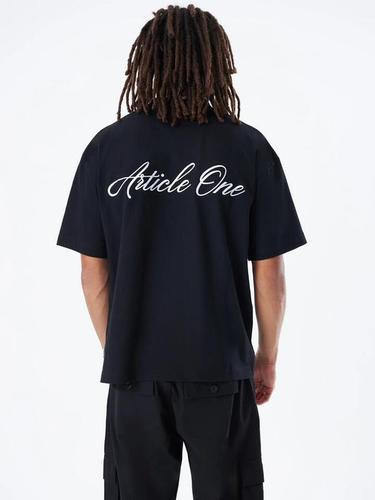 Image of a model wearing Tops. Productname: Article One Script Logo Tee in Black/White colour by brand - Article One