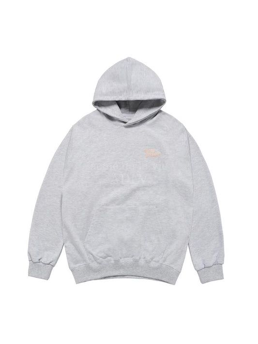 Image of a model wearing Outerwear. Productname: ADLV Round Script Boucle Logo Hoodie in GREY colour by brand - ADLV