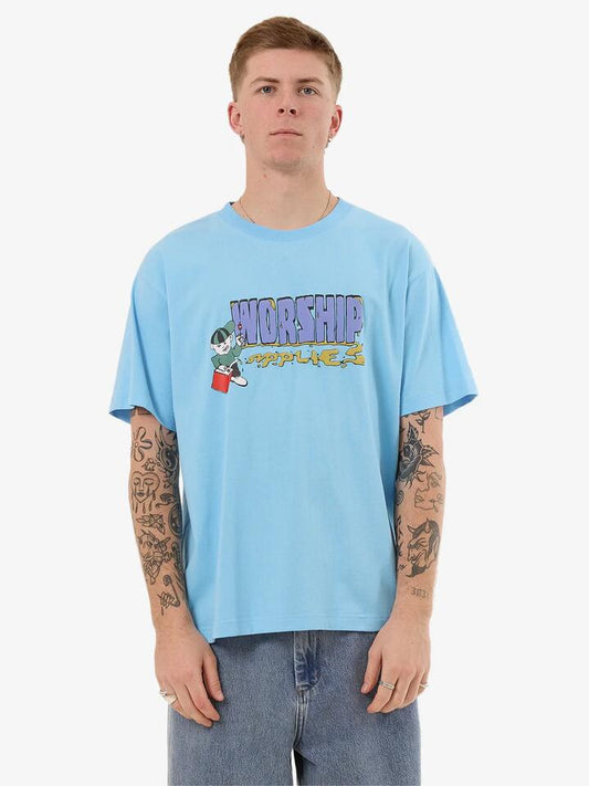Image of a model wearing Tops. Productname: Worship Pyrotechnics Tee in Baltic colour by brand - Worship