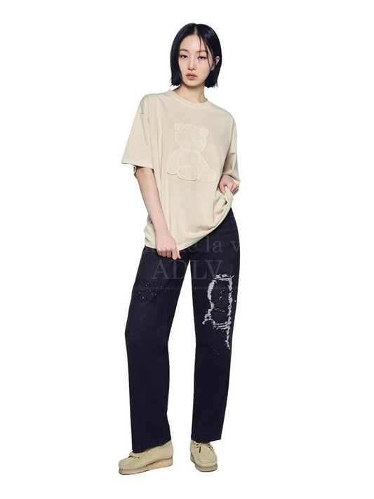 Image of a model wearing Shorts. Productname: ADLV Bear Applique Pigment Washing Short Sleeve T-Shirt in BEIGE colour by brand - ADLV