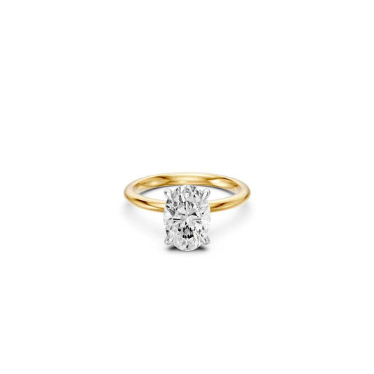Image of Jewelry. Productname: 3.00ct Oval Solitaire Laboratory-Grown Diamond Ring in 18kt Yellow Gold and 18kt White Gold in Diamond colour by brand - Bevilles