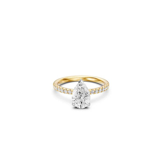 Image of Jewelry. Productname: Pear Solitaire Shoulder Ring with 2.25tw of Laboratory-Grown Diamonds in 18kt Yellow and White Gold in Diamond colour by brand - Bevilles