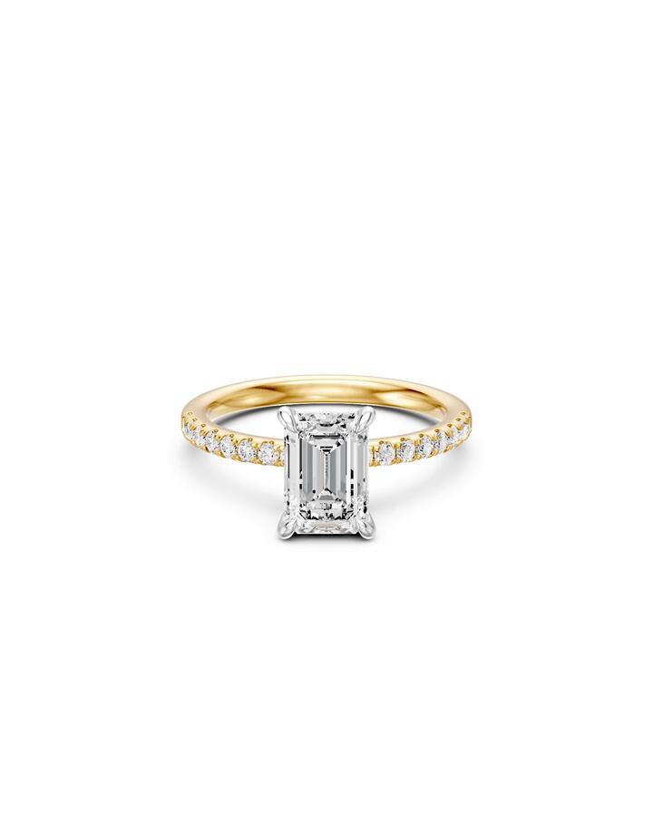 Image of Rings. Product name - Radiant Solitaire Shoulder Ring with 2.25tw of Laboratory-Grown Diamonds in 18kt Yellow and White Gold in colour by brand - Bevilles