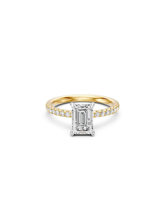 Image of Rings. Productname: Radiant Solitaire Shoulder Ring with 2.25tw of Laboratory-Grown Diamonds in 18kt Yellow and White Gold in colour by brand - Bevilles