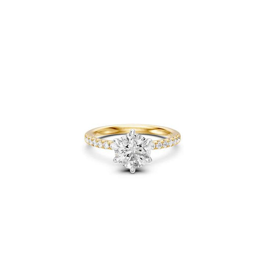 Image of Jewelry. Productname: Round Brilliant Shoulder Ring with 2.25ct of Laboratory Grown Diamonds in 18kt Yellow Gold in Diamond colour by brand - Bevilles