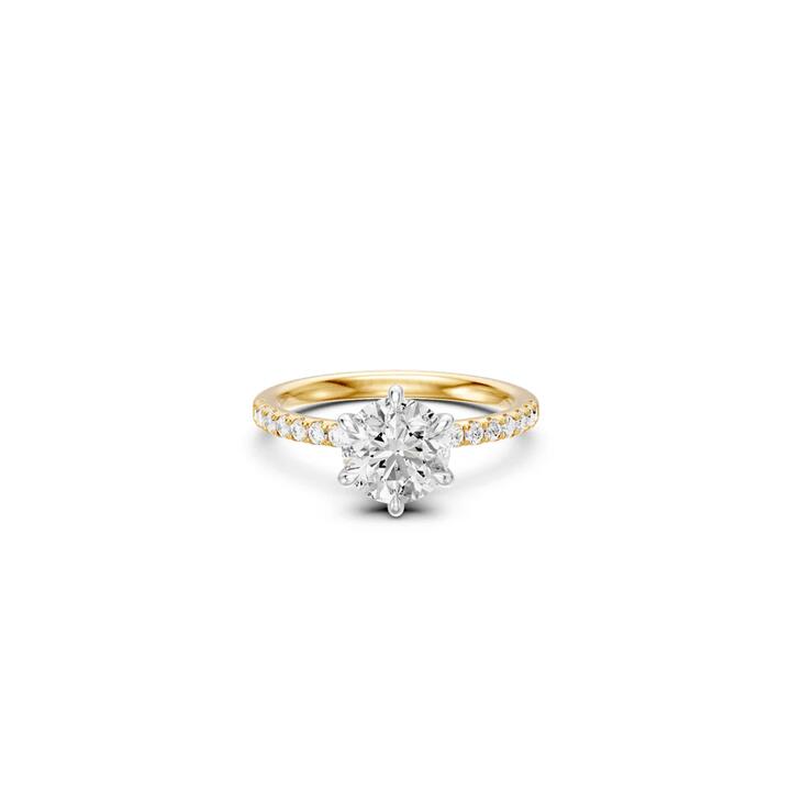 Image of Rings. Product name - Round Brilliant Solitaire Shoulder Ring with 2.25tw of Laboratory-Grown Diamonds in 18kt Yellow and White Gold in colour by brand - Bevilles
