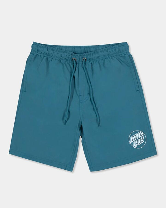 Image of a model wearing Shorts. Product name - Santa Cruz Boys 8-16 Opus Dot Elastic Waist Boardshort Ocean in Ocean colour by brand - Santa Cruz