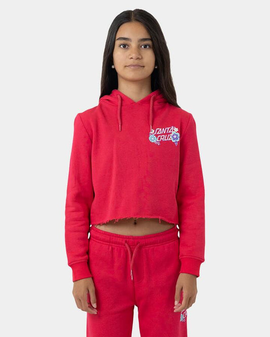 Image of a model wearing Outerwear. Productname: Santa Cruz Girls 8-16 Free Spirit Floral Chest Pullover Hoodie Rose - in Rose colour by brand - Santa Cruz