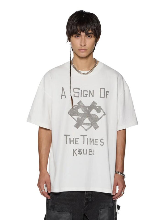 Image of a model wearing Tops. Productname: Ksubi The Sign Ekcess SS Tee in White colour by brand - Ksubi