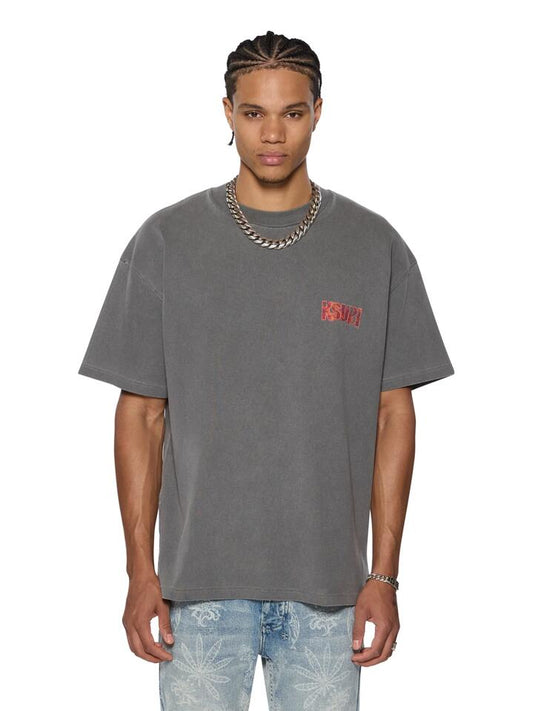 Image of a model wearing Tops. Productname: Ksubi Kickstart Excess Tee in Charcoal colour by brand - Ksubi